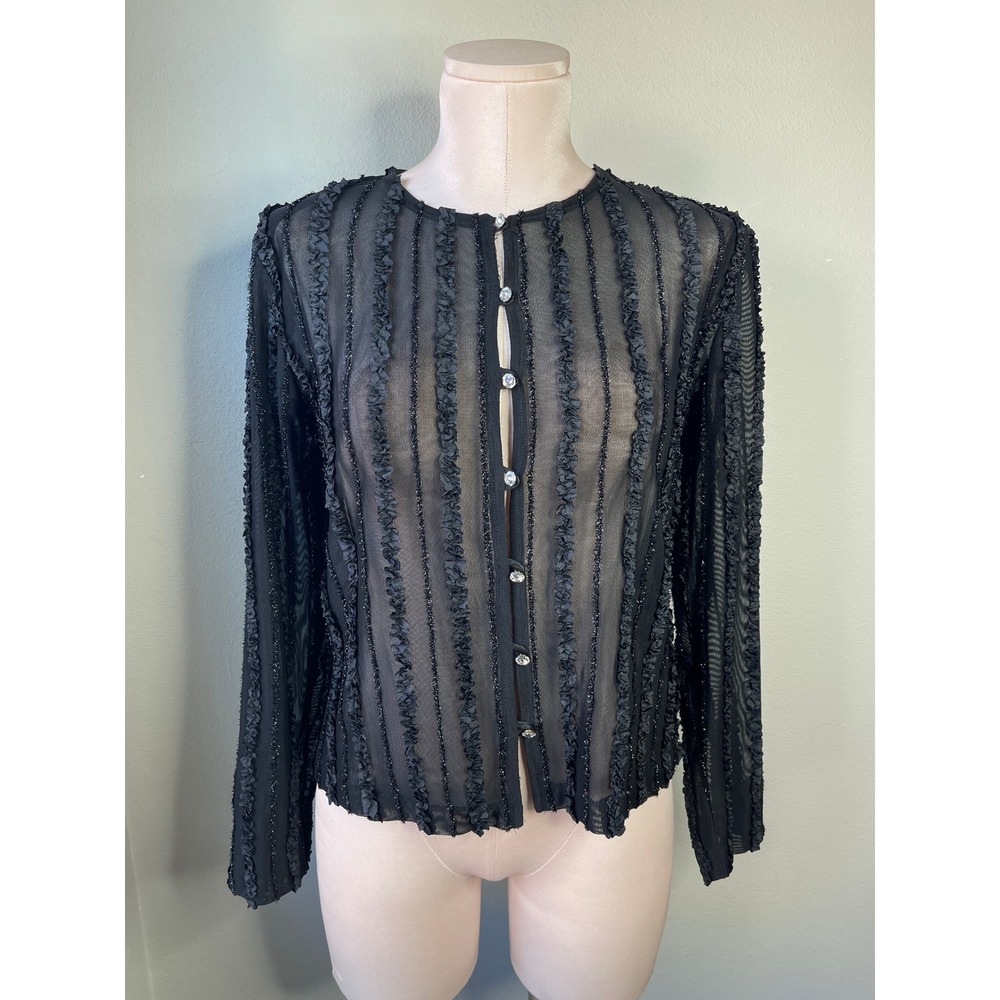 Patra Cardigan Top Black Vintage Sheer Mesh Ruffle Metallic Rhinestone Button 8
